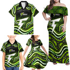Sydney Thunder Cricket Family Matching Off Shoulder Maxi Dress and Hawaiian Shirt Australian Cricket Mascot - Modern Indigenous Style