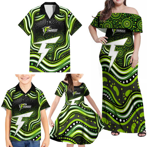 Sydney Thunder Cricket Family Matching Off Shoulder Maxi Dress and Hawaiian Shirt Australian Cricket Mascot - Modern Indigenous Style