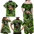 Sydney Thunder Cricket Family Matching Off Shoulder Maxi Dress and Hawaiian Shirt Australian Cricket Mascot - Modern Indigenous Style