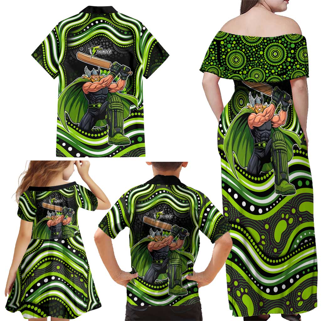 Sydney Thunder Cricket Family Matching Off Shoulder Maxi Dress and Hawaiian Shirt Australian Cricket Mascot - Modern Indigenous Style