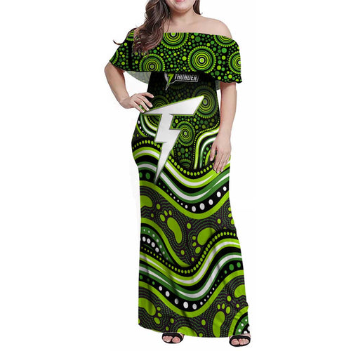 Sydney Thunder Cricket Family Matching Off Shoulder Maxi Dress and Hawaiian Shirt Australian Cricket Mascot - Modern Indigenous Style
