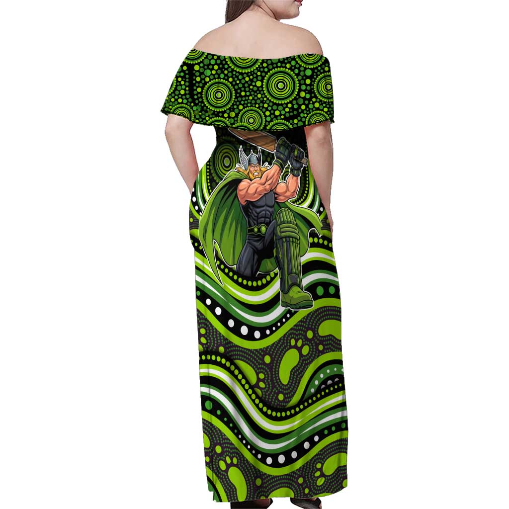 Sydney Thunder Cricket Family Matching Off Shoulder Maxi Dress and Hawaiian Shirt Australian Cricket Mascot - Modern Indigenous Style
