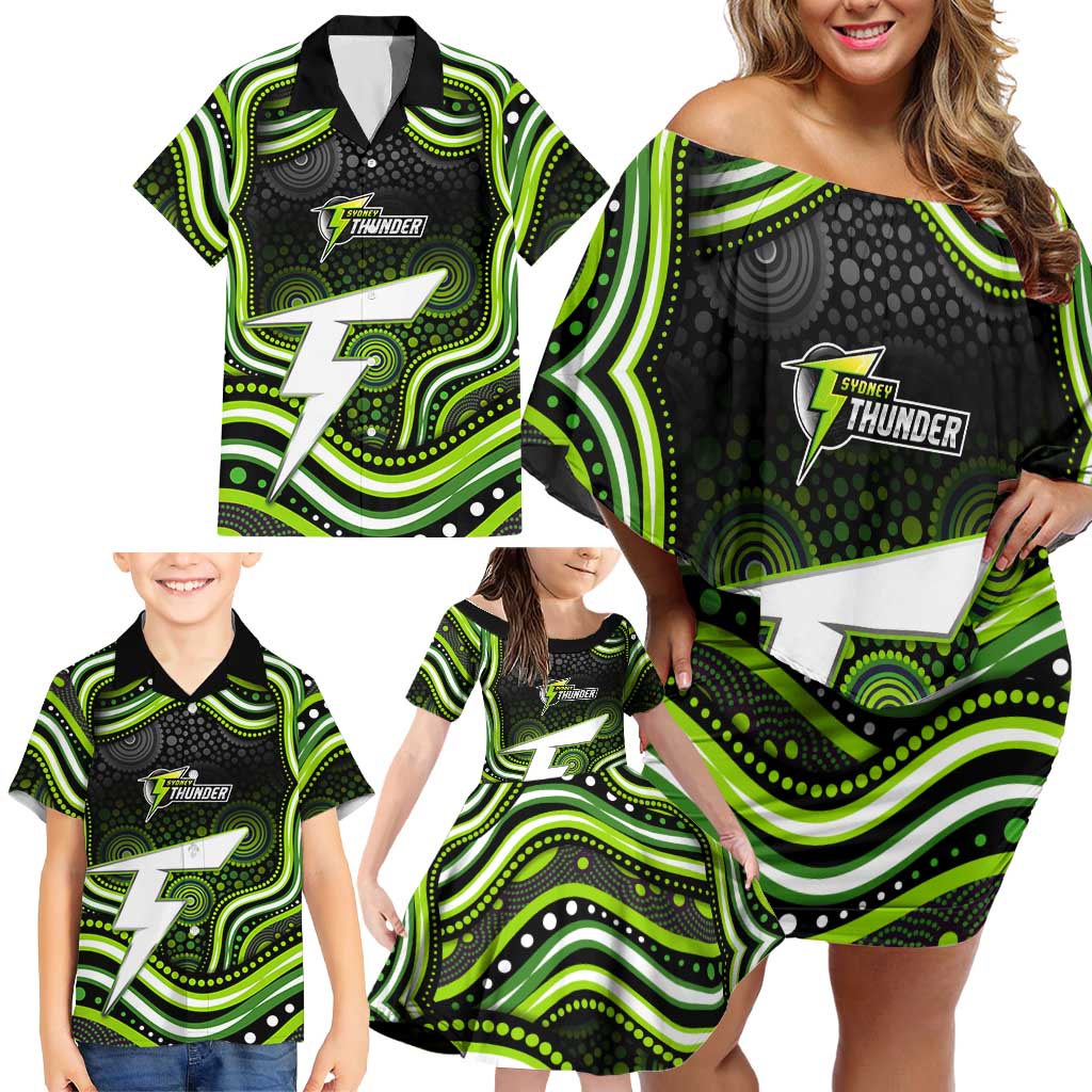 Sydney Thunder Cricket Family Matching Off Shoulder Short Dress and Hawaiian Shirt Australian Cricket Mascot - Modern Indigenous Style