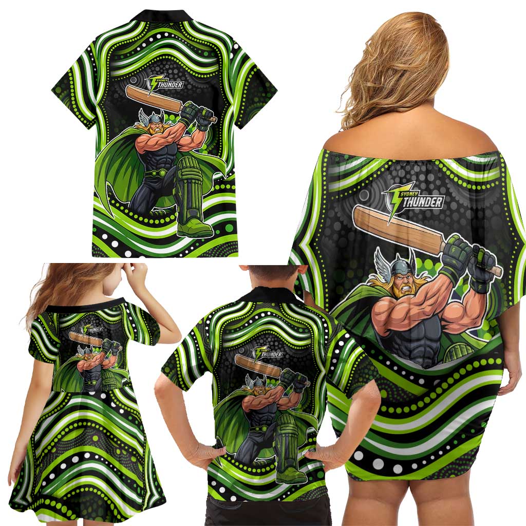 Sydney Thunder Cricket Family Matching Off Shoulder Short Dress and Hawaiian Shirt Australian Cricket Mascot - Modern Indigenous Style