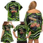 Sydney Thunder Cricket Family Matching Off Shoulder Short Dress and Hawaiian Shirt Australian Cricket Mascot - Modern Indigenous Style