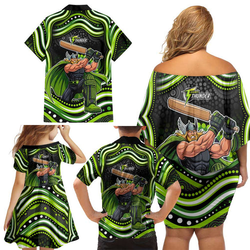Sydney Thunder Cricket Family Matching Off Shoulder Short Dress and Hawaiian Shirt Australian Cricket Mascot - Modern Indigenous Style