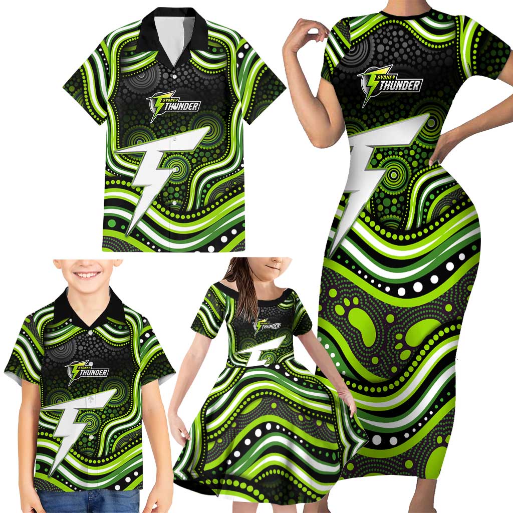 Sydney Thunder Cricket Family Matching Short Sleeve Bodycon Dress and Hawaiian Shirt Australian Cricket Mascot - Modern Indigenous Style