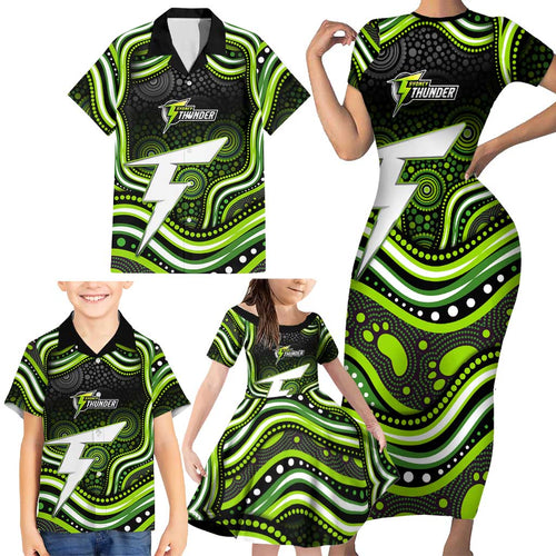 Sydney Thunder Cricket Family Matching Short Sleeve Bodycon Dress and Hawaiian Shirt Australian Cricket Mascot - Modern Indigenous Style