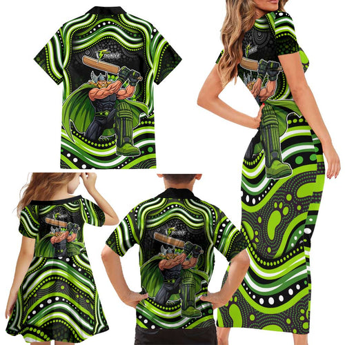 Sydney Thunder Cricket Family Matching Short Sleeve Bodycon Dress and Hawaiian Shirt Australian Cricket Mascot - Modern Indigenous Style