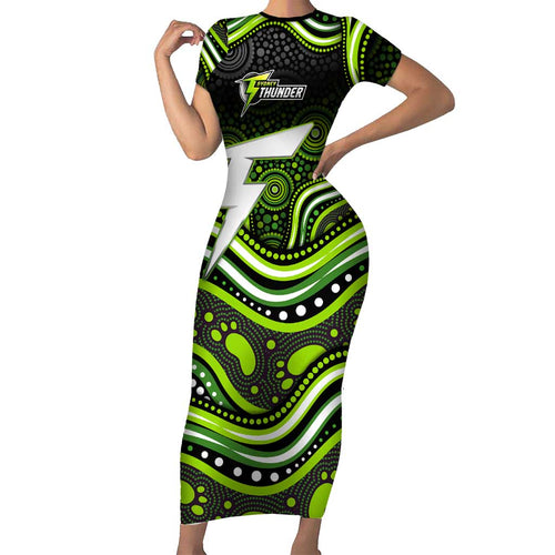 Sydney Thunder Cricket Family Matching Short Sleeve Bodycon Dress and Hawaiian Shirt Australian Cricket Mascot - Modern Indigenous Style