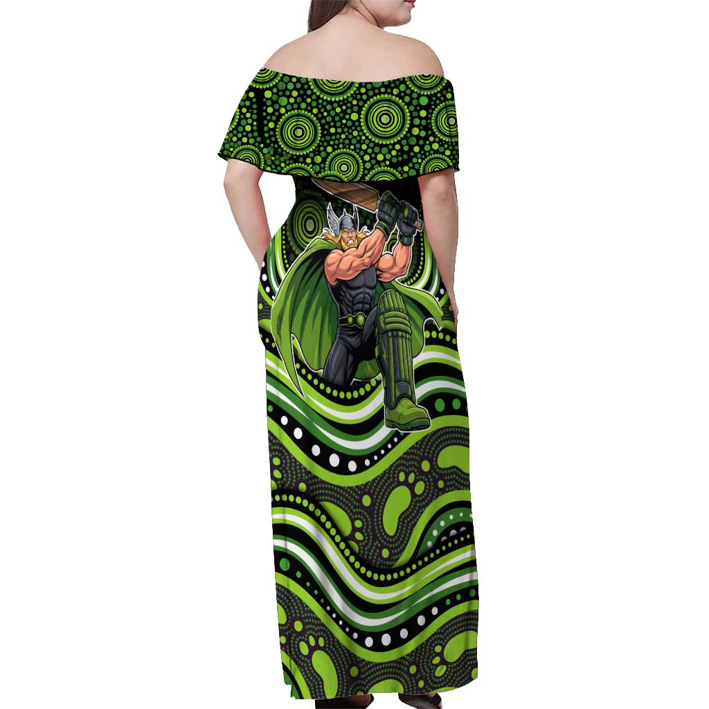 Sydney Thunder Cricket Off Shoulder Maxi Dress Australian Cricket Mascot - Modern Indigenous Style