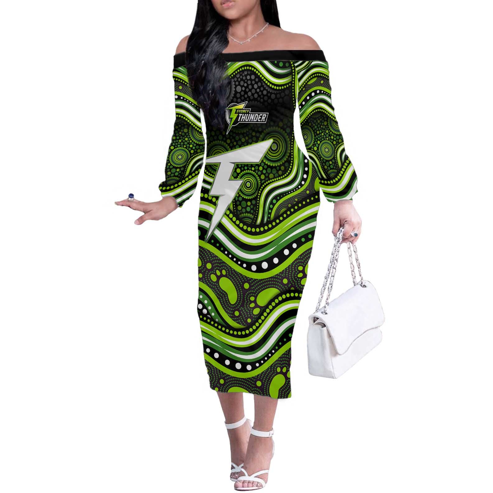 Sydney Thunder Cricket Off The Shoulder Long Sleeve Dress Australian Cricket Mascot - Modern Indigenous Style
