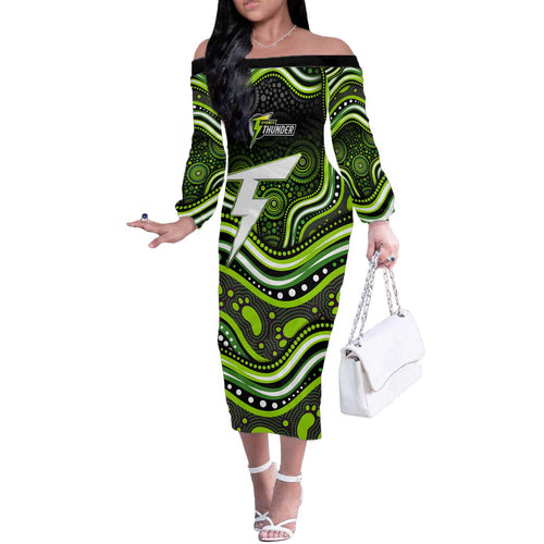 Sydney Thunder Cricket Off The Shoulder Long Sleeve Dress Australian Cricket Mascot - Modern Indigenous Style