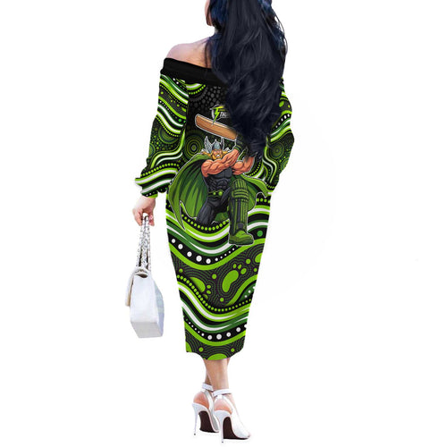 Sydney Thunder Cricket Off The Shoulder Long Sleeve Dress Australian Cricket Mascot - Modern Indigenous Style
