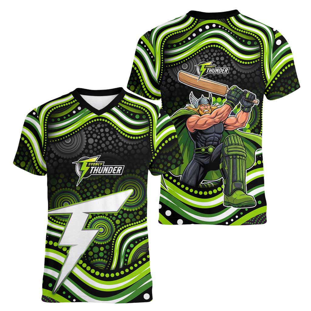 Sydney Thunder Cricket Women V-Neck T-Shirt Australian Cricket Mascot - Modern Indigenous Style