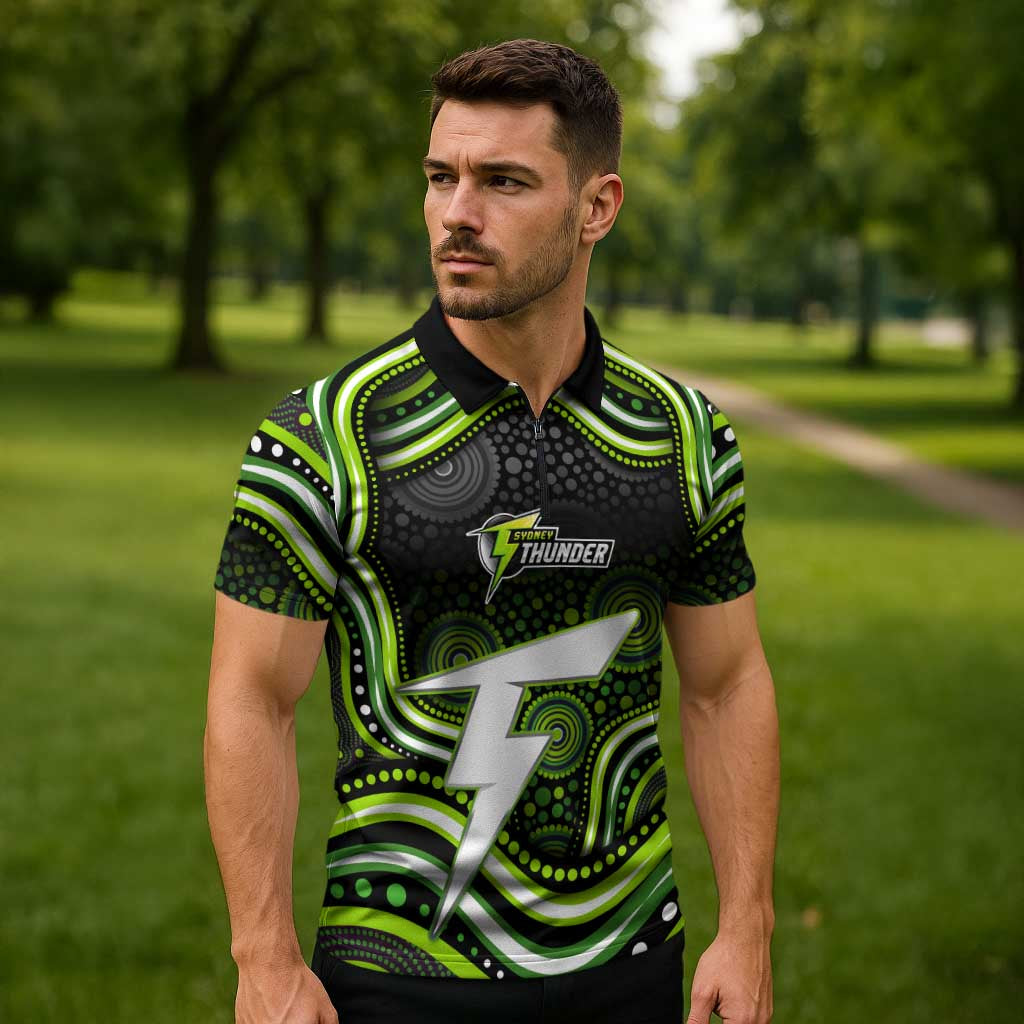 Sydney Thunder Cricket Zipper Polo Shirt Australian Cricket Mascot - Modern Indigenous Style