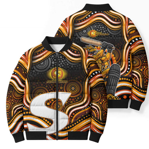 Perth Scorchers Cricket Bomber Puffer Jacket Australian Cricket Mascot - Modern Indigenous Style