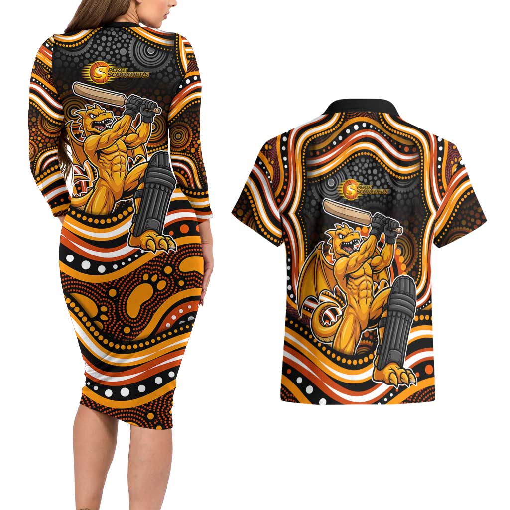 Perth Scorchers Cricket Couples Matching Long Sleeve Bodycon Dress and Hawaiian Shirt Australian Cricket Mascot - Modern Indigenous Style