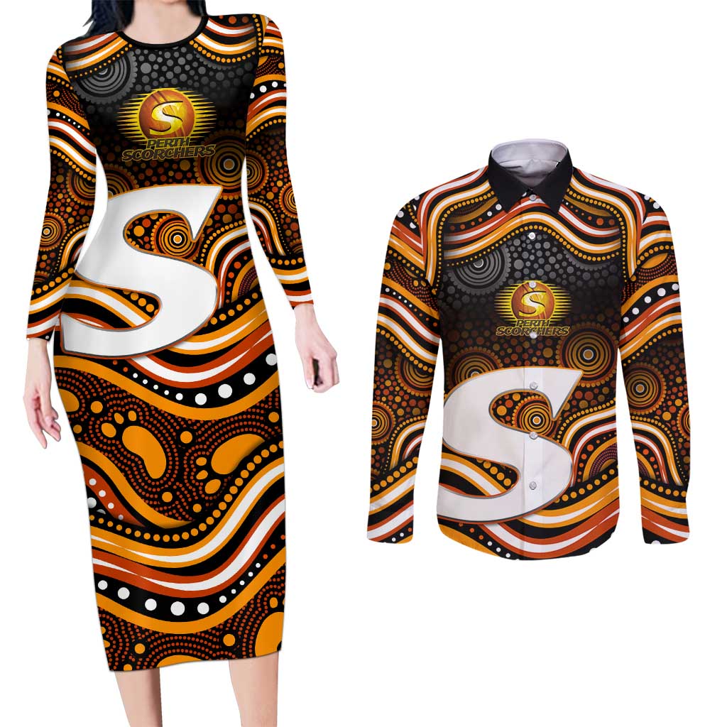 Perth Scorchers Cricket Couples Matching Long Sleeve Bodycon Dress and Long Sleeve Button Shirt Australian Cricket Mascot - Modern Indigenous Style
