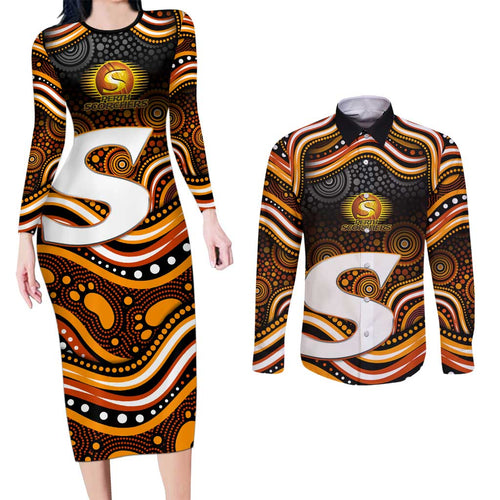 Perth Scorchers Cricket Couples Matching Long Sleeve Bodycon Dress and Long Sleeve Button Shirt Australian Cricket Mascot - Modern Indigenous Style