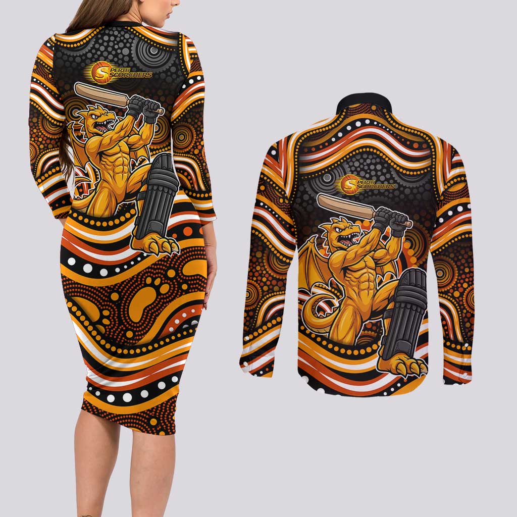 Perth Scorchers Cricket Couples Matching Long Sleeve Bodycon Dress and Long Sleeve Button Shirt Australian Cricket Mascot - Modern Indigenous Style