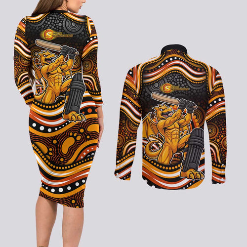 Perth Scorchers Cricket Couples Matching Long Sleeve Bodycon Dress and Long Sleeve Button Shirt Australian Cricket Mascot - Modern Indigenous Style