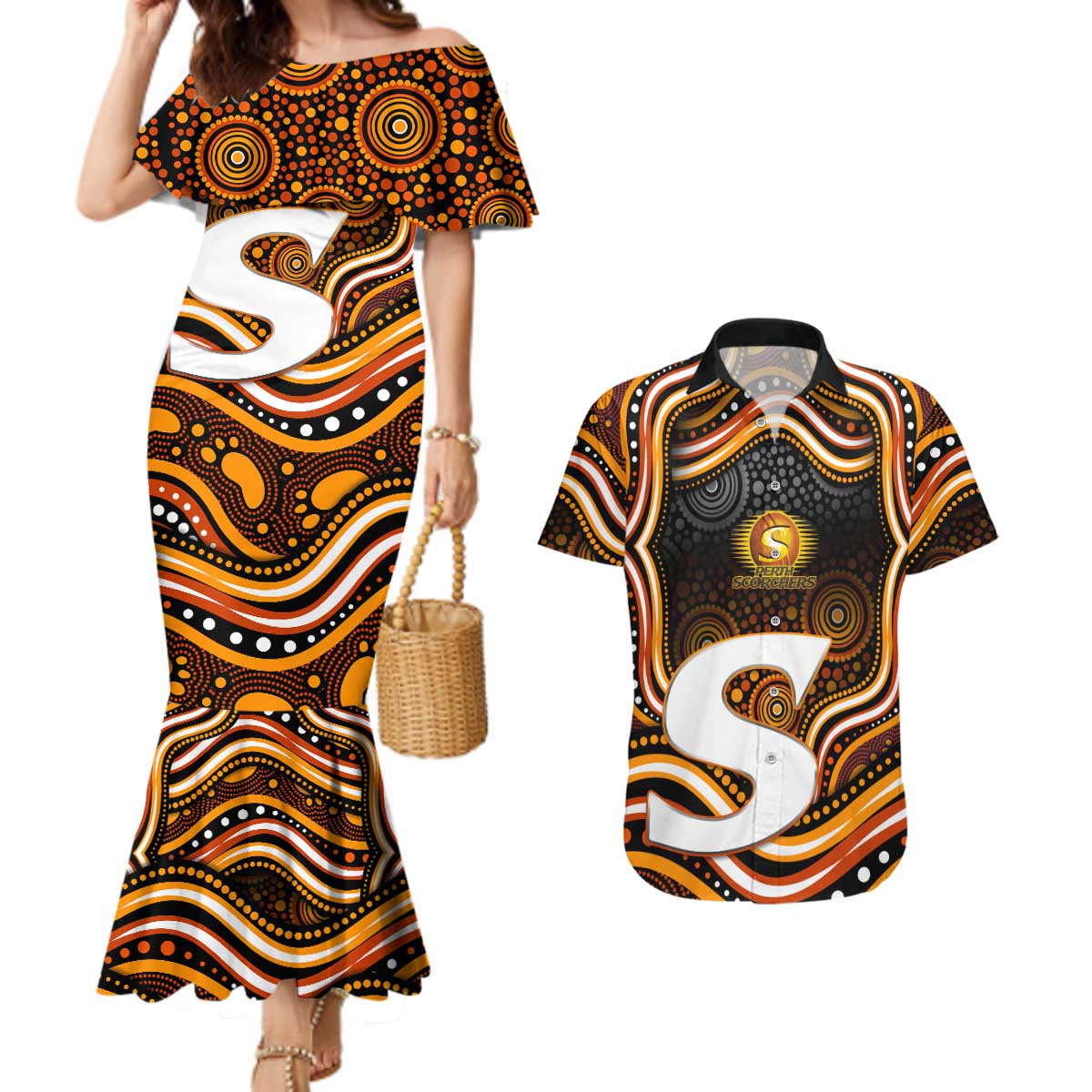 Perth Scorchers Cricket Couples Matching Mermaid Dress and Hawaiian Shirt Australian Cricket Mascot - Modern Indigenous Style