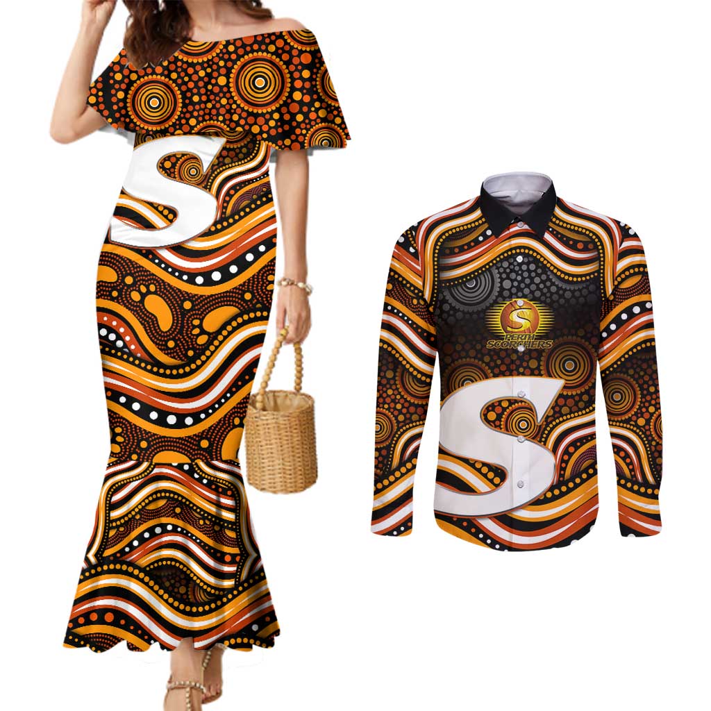 Perth Scorchers Cricket Couples Matching Mermaid Dress and Long Sleeve Button Shirt Australian Cricket Mascot - Modern Indigenous Style