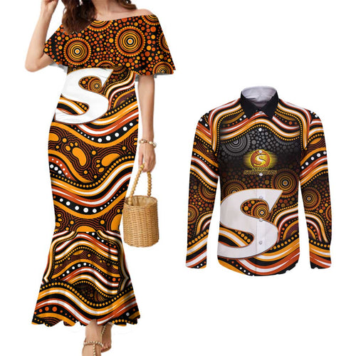 Perth Scorchers Cricket Couples Matching Mermaid Dress and Long Sleeve Button Shirt Australian Cricket Mascot - Modern Indigenous Style