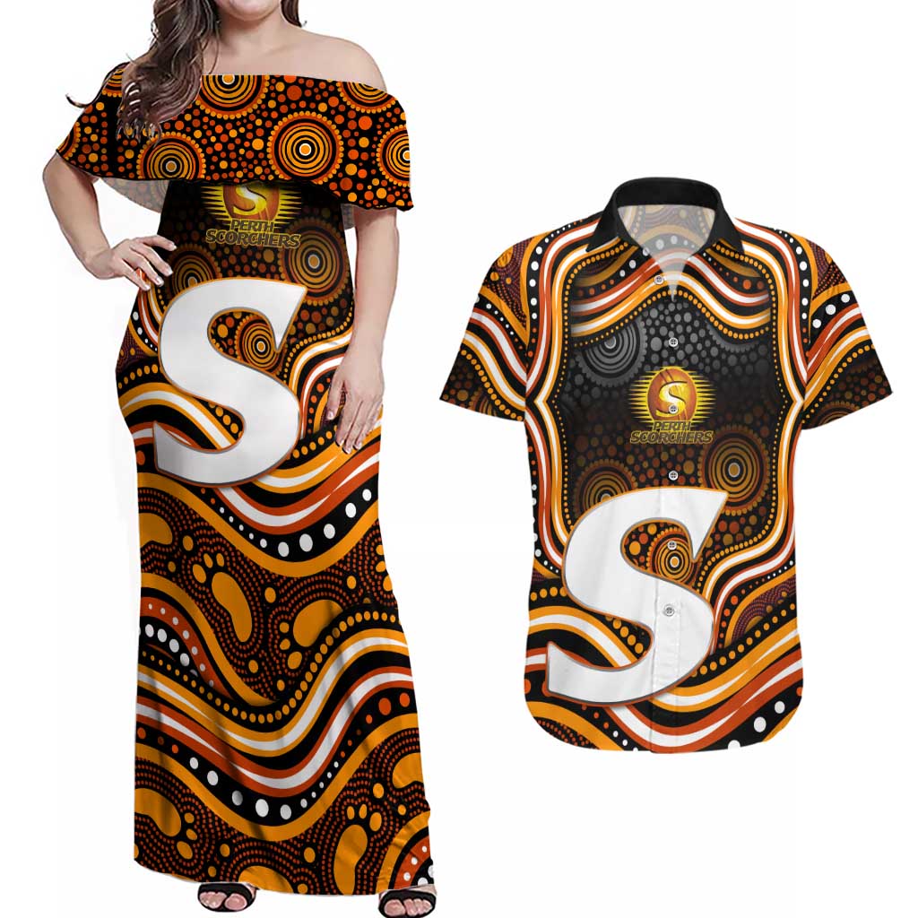 Perth Scorchers Cricket Couples Matching Off Shoulder Maxi Dress and Hawaiian Shirt Australian Cricket Mascot - Modern Indigenous Style