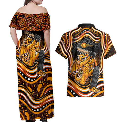 Perth Scorchers Cricket Couples Matching Off Shoulder Maxi Dress and Hawaiian Shirt Australian Cricket Mascot - Modern Indigenous Style