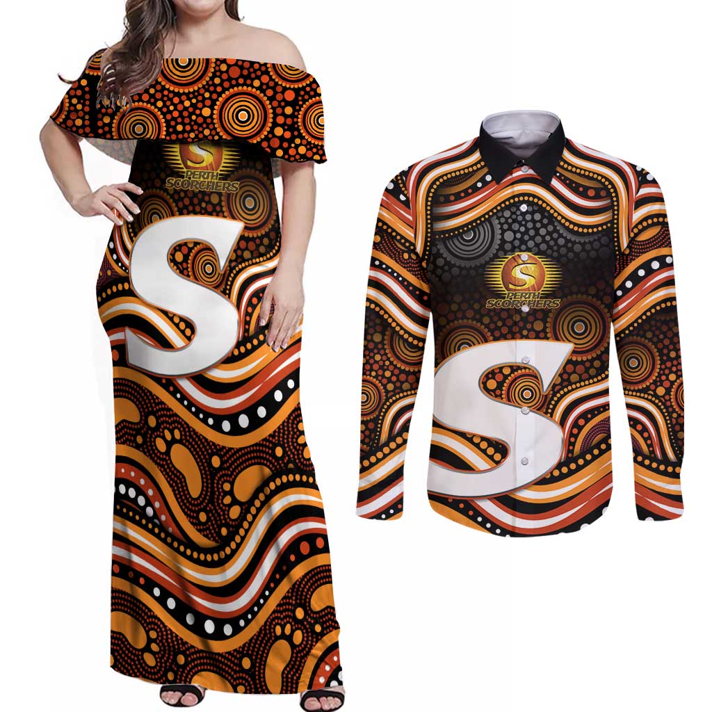 Perth Scorchers Cricket Couples Matching Off Shoulder Maxi Dress and Long Sleeve Button Shirt Australian Cricket Mascot - Modern Indigenous Style