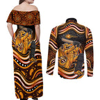 Perth Scorchers Cricket Couples Matching Off Shoulder Maxi Dress and Long Sleeve Button Shirt Australian Cricket Mascot - Modern Indigenous Style