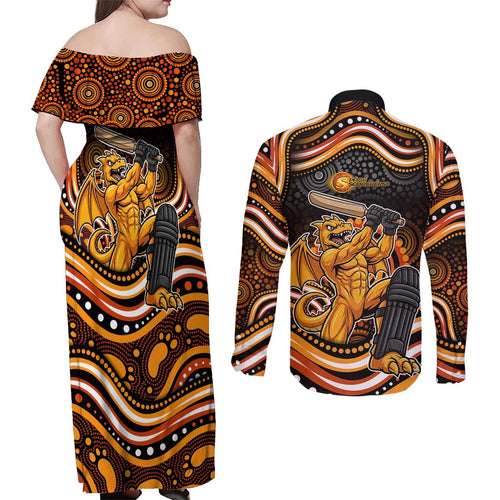Perth Scorchers Cricket Couples Matching Off Shoulder Maxi Dress and Long Sleeve Button Shirt Australian Cricket Mascot - Modern Indigenous Style