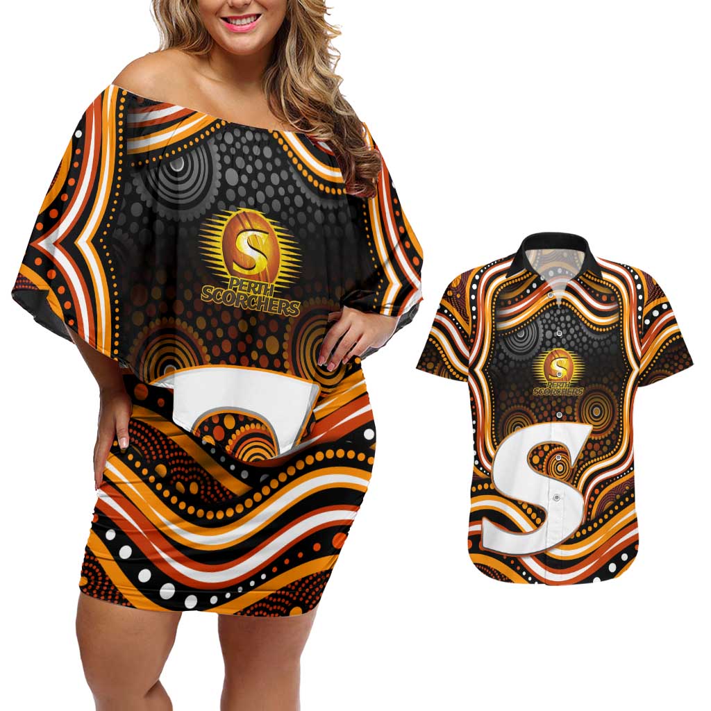 Perth Scorchers Cricket Couples Matching Off Shoulder Short Dress and Hawaiian Shirt Australian Cricket Mascot - Modern Indigenous Style