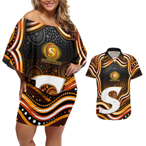 Perth Scorchers Cricket Couples Matching Off Shoulder Short Dress and Hawaiian Shirt Australian Cricket Mascot - Modern Indigenous Style