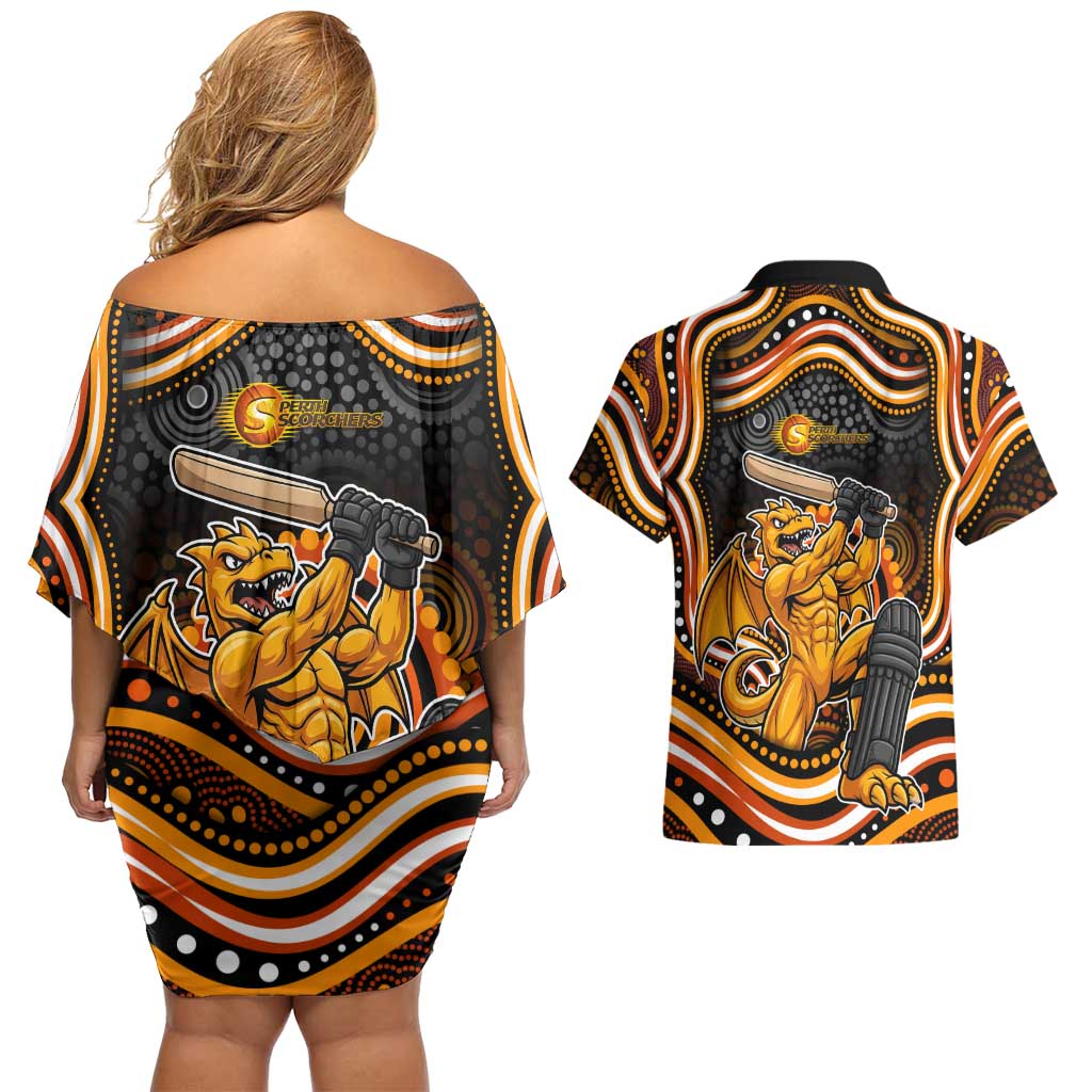 Perth Scorchers Cricket Couples Matching Off Shoulder Short Dress and Hawaiian Shirt Australian Cricket Mascot - Modern Indigenous Style