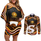 Perth Scorchers Cricket Couples Matching Off Shoulder Short Dress and Long Sleeve Button Shirt Australian Cricket Mascot - Modern Indigenous Style