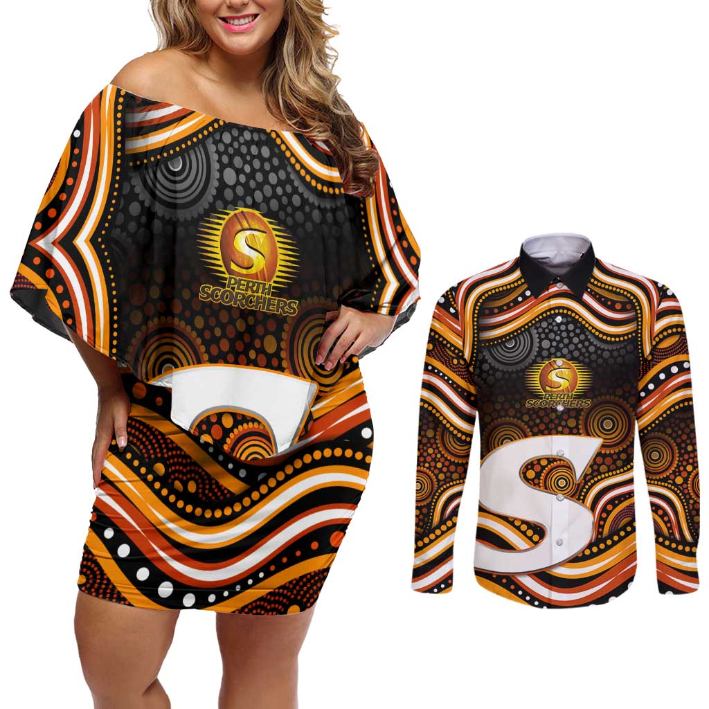 Perth Scorchers Cricket Couples Matching Off Shoulder Short Dress and Long Sleeve Button Shirt Australian Cricket Mascot - Modern Indigenous Style