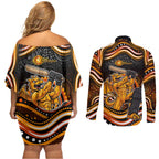Perth Scorchers Cricket Couples Matching Off Shoulder Short Dress and Long Sleeve Button Shirt Australian Cricket Mascot - Modern Indigenous Style