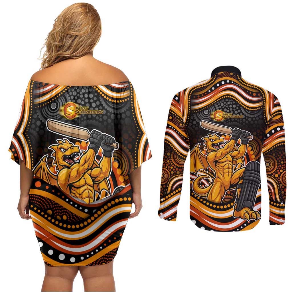Perth Scorchers Cricket Couples Matching Off Shoulder Short Dress and Long Sleeve Button Shirt Australian Cricket Mascot - Modern Indigenous Style