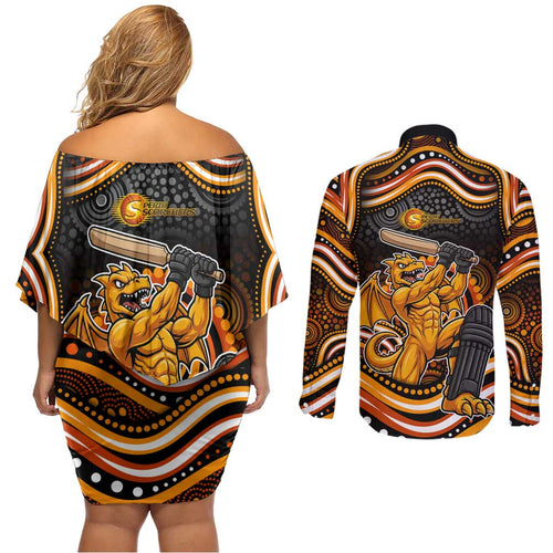 Perth Scorchers Cricket Couples Matching Off Shoulder Short Dress and Long Sleeve Button Shirt Australian Cricket Mascot - Modern Indigenous Style