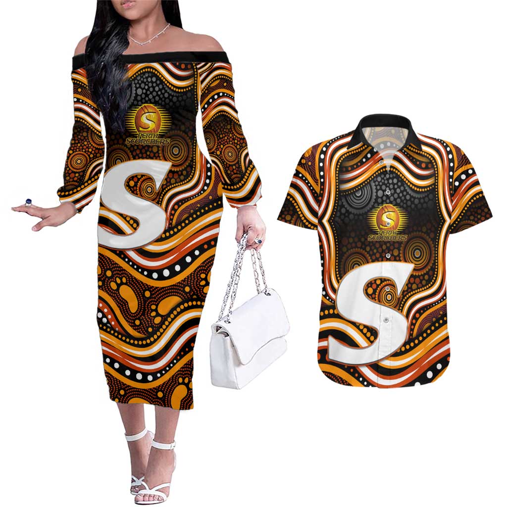 Perth Scorchers Cricket Couples Matching Off The Shoulder Long Sleeve Dress and Hawaiian Shirt Australian Cricket Mascot - Modern Indigenous Style