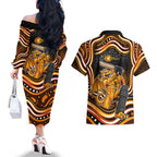 Perth Scorchers Cricket Couples Matching Off The Shoulder Long Sleeve Dress and Hawaiian Shirt Australian Cricket Mascot - Modern Indigenous Style