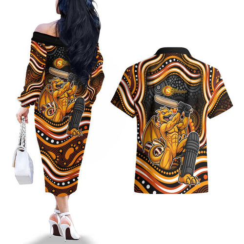 Perth Scorchers Cricket Couples Matching Off The Shoulder Long Sleeve Dress and Hawaiian Shirt Australian Cricket Mascot - Modern Indigenous Style