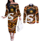 Perth Scorchers Cricket Couples Matching Off The Shoulder Long Sleeve Dress and Long Sleeve Button Shirt Australian Cricket Mascot - Modern Indigenous Style