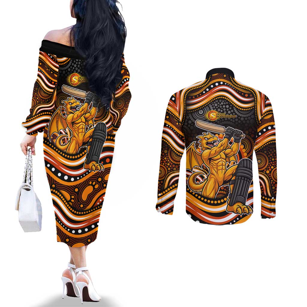 Perth Scorchers Cricket Couples Matching Off The Shoulder Long Sleeve Dress and Long Sleeve Button Shirt Australian Cricket Mascot - Modern Indigenous Style