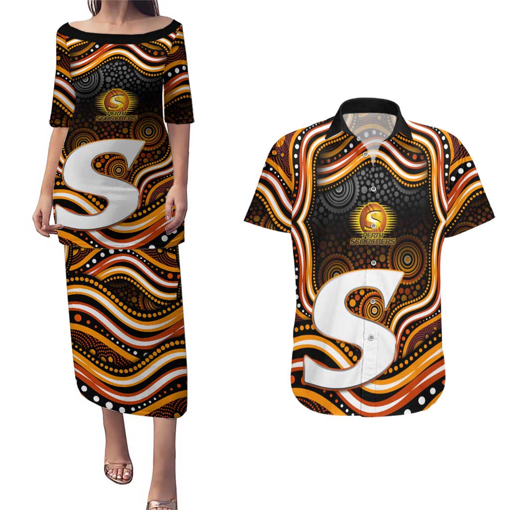 Perth Scorchers Cricket Couples Matching Puletasi and Hawaiian Shirt Australian Cricket Mascot - Modern Indigenous Style