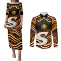 Perth Scorchers Cricket Couples Matching Puletasi and Long Sleeve Button Shirt Australian Cricket Mascot - Modern Indigenous Style