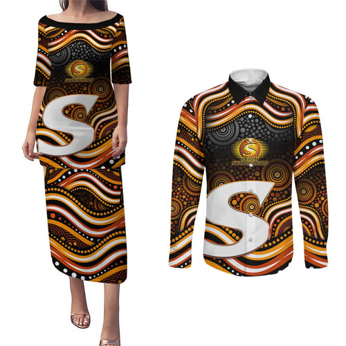 Perth Scorchers Cricket Couples Matching Puletasi and Long Sleeve Button Shirt Australian Cricket Mascot - Modern Indigenous Style